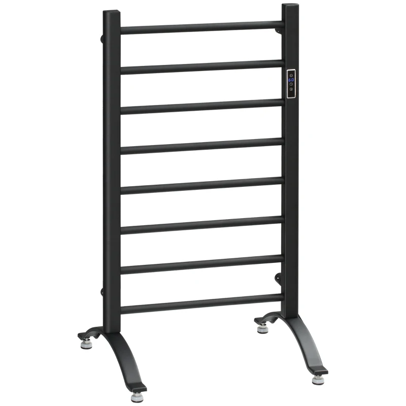 HOMCOM 8-Bar Heated Towel Warmer Rack with Built-in Timer and LED Indicators, Wall Mounted & Free Standing Carbon Steel Electric Towel Bar with Adjustable Temperature, Black