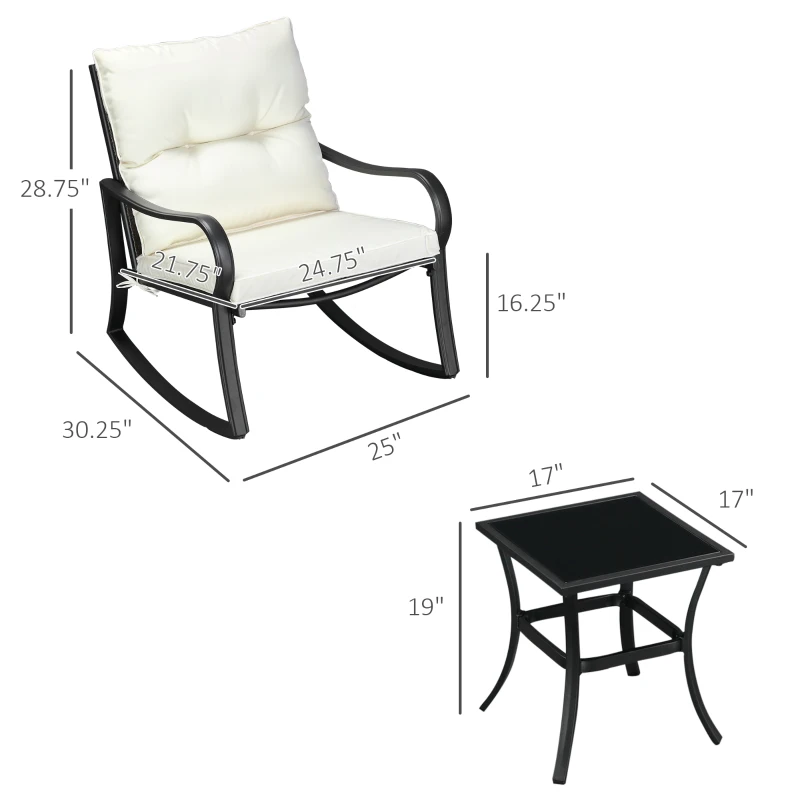 Outsunny 3 Pieces Patio Wicker Rocking Chairs Table Set, Outdoor PE Rattan Furniture with 2 Rockers & 1 Coffee Table w/ Padded Cushions for Deck, Backyard, Garden, Cream White