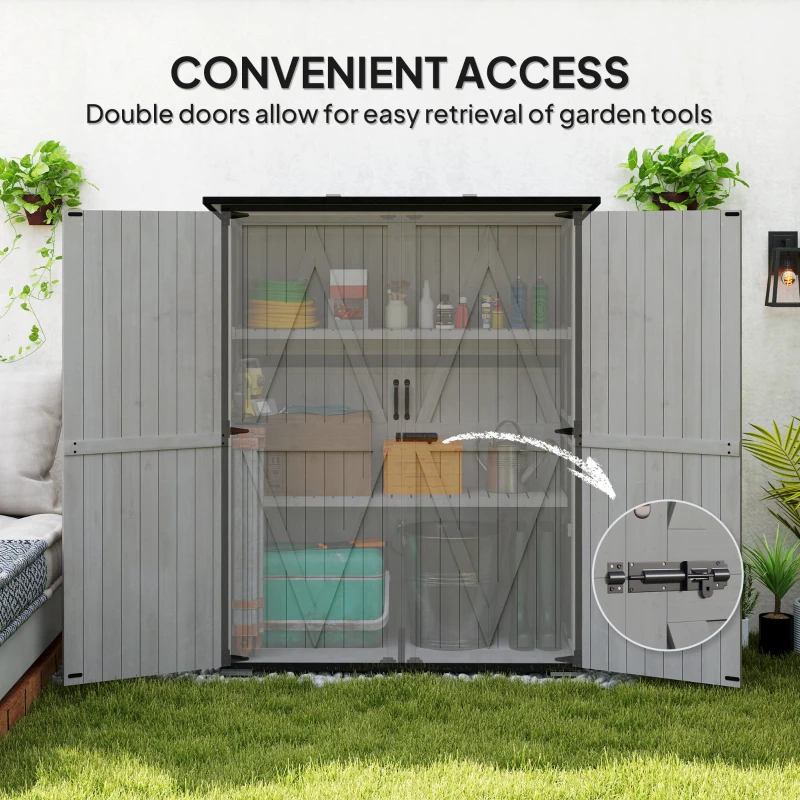 Outsunny Wood Storage Shed, Outdoor Garden Shed with Asphalt Roof, 2 Shelves, Lockable Doors and Adjustable Feet, Gray