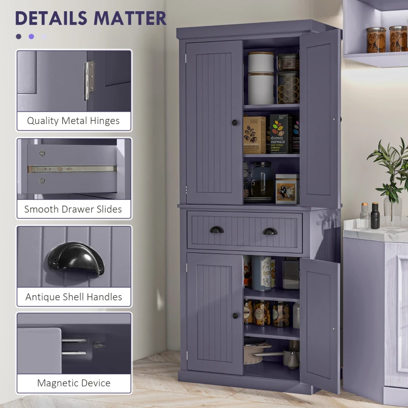 HOMCOM 72" Kitchen Pantry Storage Cabinet, Cupboard w/ 4 Doors and 3 Adjustable Shelves, Large Central Drawer, Navy Blue