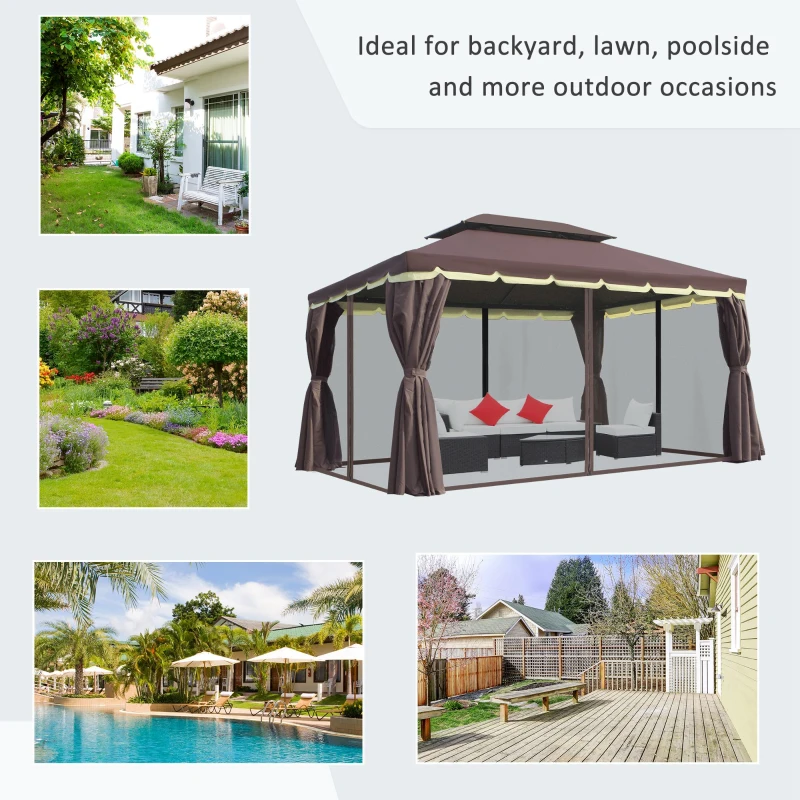 Outsunny 10 x 13ft Aluminum Frame Gazebo Canopy Double Tier Garden Shelter with Netting and Curtains, Coffee