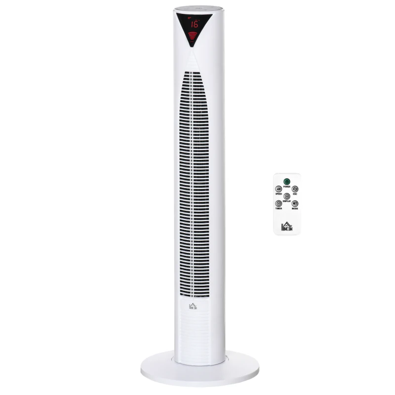 HOMCOM Freestanding Tower Fan Cooling for Home Bedroom with 3 Speed, 12h Timer, Oscillating, LED Sensor Panel, Remote Controller, White