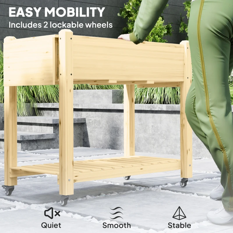 Outsunny Wood Raised Planter Box, Elevated Garden Bed with Lockable Wheels, Side Tables, Bottom Shelf, Drain Holes, Natural