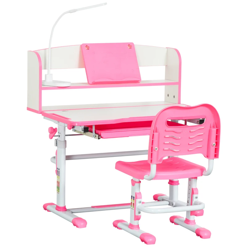 Qaba Kids Desk and Chair Set Height Adjustable Student Writing Desk Children School Study Table with LED Lamp, Bookshelf, Drawer, Reading Board, Pen Slot, Hook, Pink