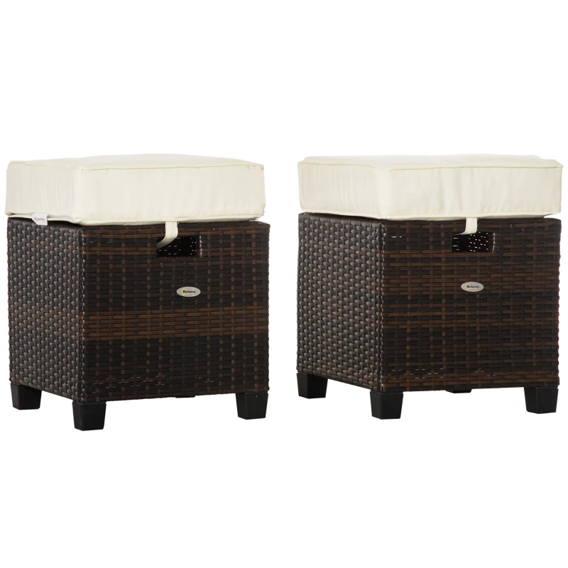 Outsunny 2 PCS Patio Wicker Ottoman Set, Two Square Outdoor PE Rattan Footrest with Removable Cushion, Freely Combined Furniture w/ Handle for Backyard, Garden, Poolside, Beige