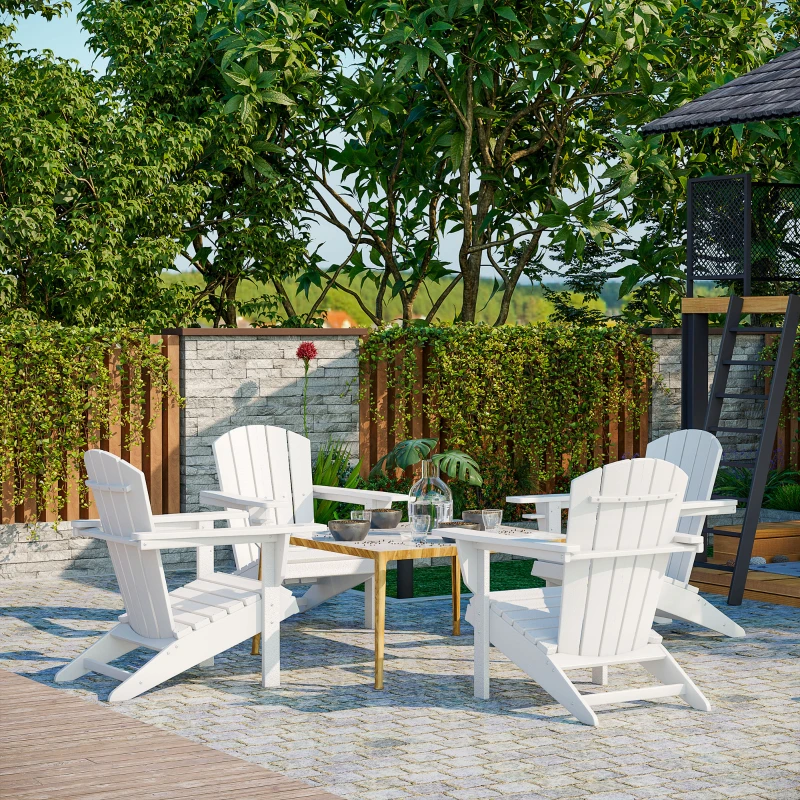 Outsunny Adirondack Chair with Cup Holder, All Weather Patio Chair HDPE Lounger, Fire Pit Seating High Back and Wide Seat for Outdoor, Backyard, Garden, Deck, Lawn, White