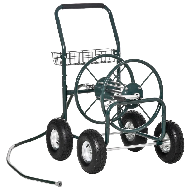 Outsunny Garden Hose Reel Cart, Portable Hose Organizer with Hose Guide System, 4 Wheels & Storage Basket for Yard, Garden, Farm