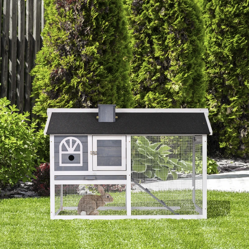 PawHut 47"L Rabbit Hutch Outdoor Bunny Cage with Waterproof Roof, Removable Tray, and Ramp, Grey & White