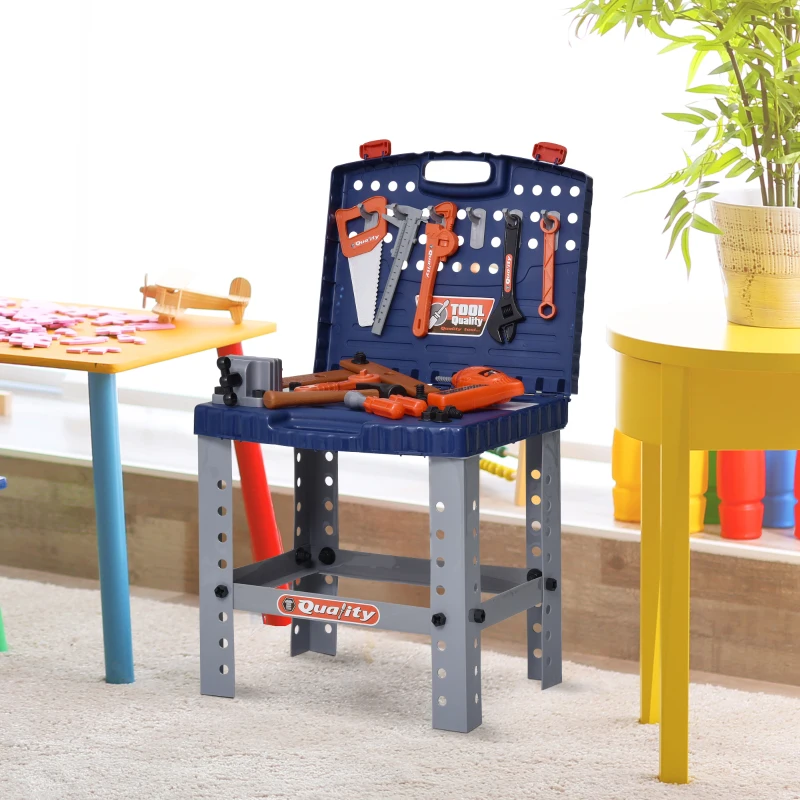Qaba 68 Pcs Kids Tool Bench, Foldable Pretend Workbench Toy Tool Set, Power Tools Workshop with Electric Drill for Toddler 3 to 6 Years Old
