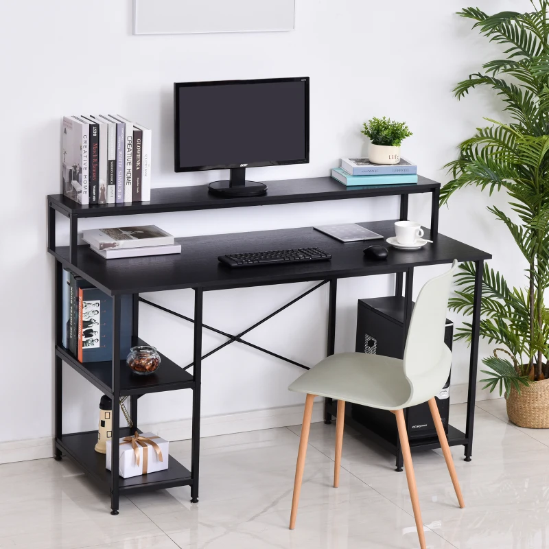 HOMCOM Computer Desk with Shelves and CPU Stand, Home Office Desk Workstation with Adjustable Feet, Black Wood Grain