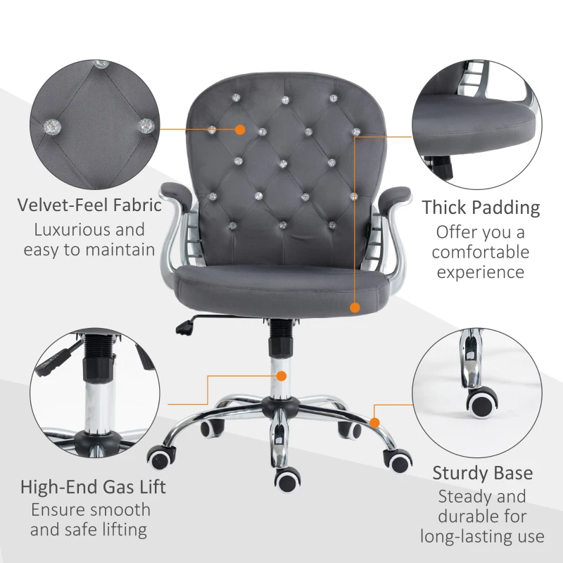 Vinsetto Button Tufted Desk Chair, Home Office Chair with Padded Armrests, Adjustable Height and Swivel Wheels, Dark Gray