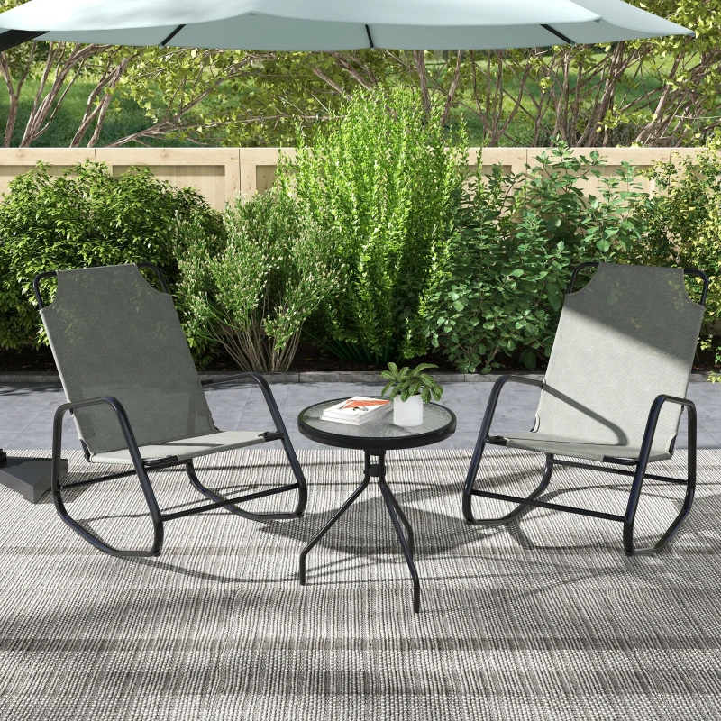 Outsunny Patio Rocking Chairs Set of 2, 3 Pieces Patio Bistro Set with Metal Frame, Breathable Mesh Fabric Seat for Garden, Deck, Grey