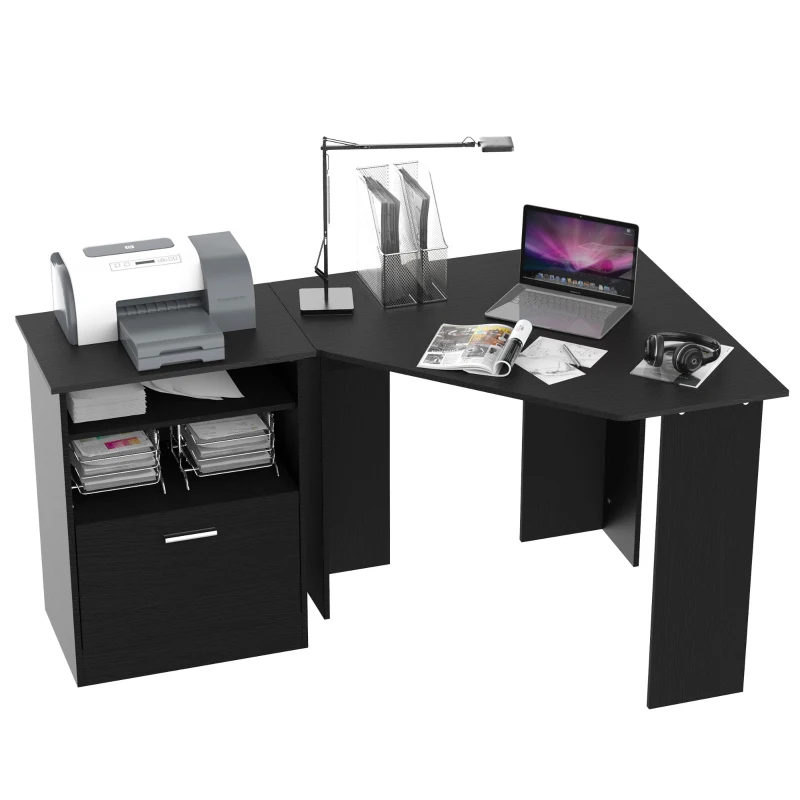 HOMCOM Computer Desk with Printer Cabinet, L-Shaped Corner Desk with Storage, Study PC Workstation for Home Office, Black