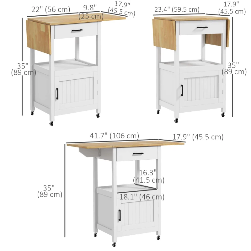 HOMCOM Foldable Kitchen Island with Storage Drawer, Wood Top Coffee Cart on Wheels, Kitchen Cart with Cabinet, White