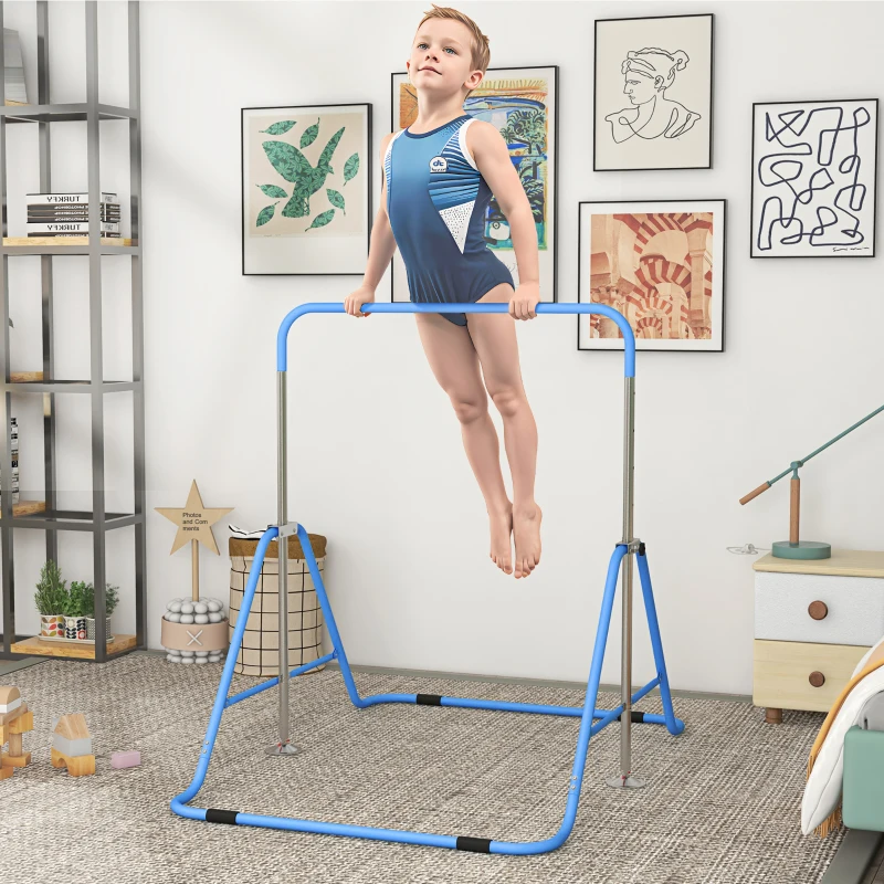 Qaba Folding Gymnastics Bar for Kids, Adjustable Height, Bubble Gum Blue