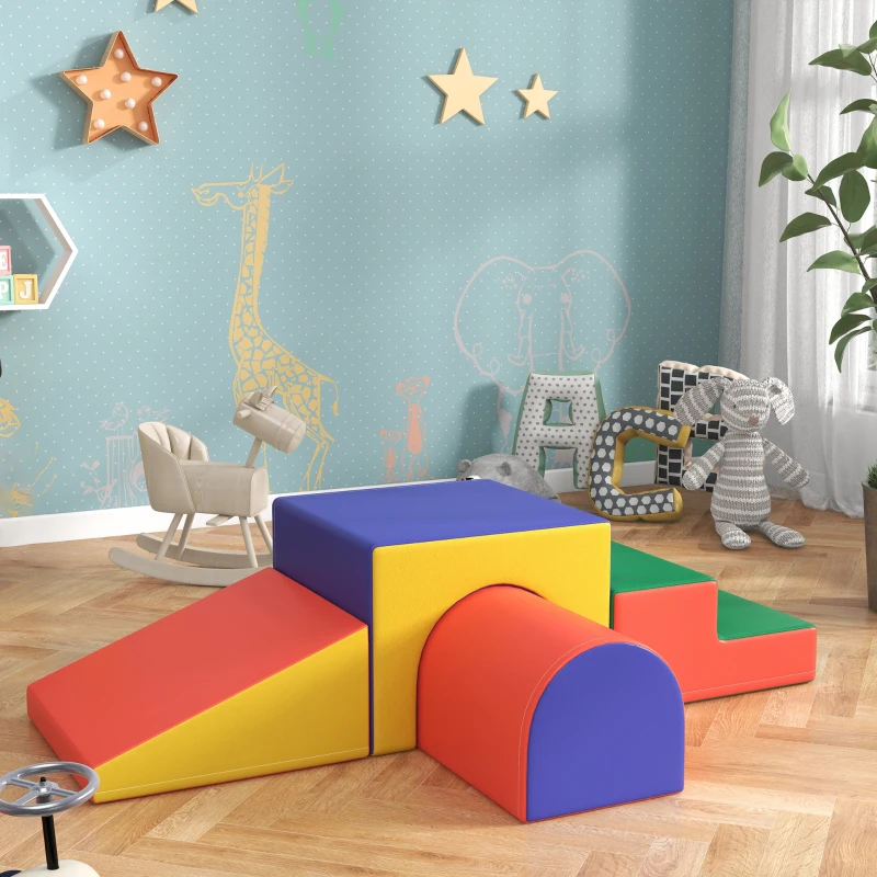 Qaba 4 Piece Foam Play Set, Soft & Safe Kids Toddlers Children Climbing Set for Crawling or Sliding, Assorted