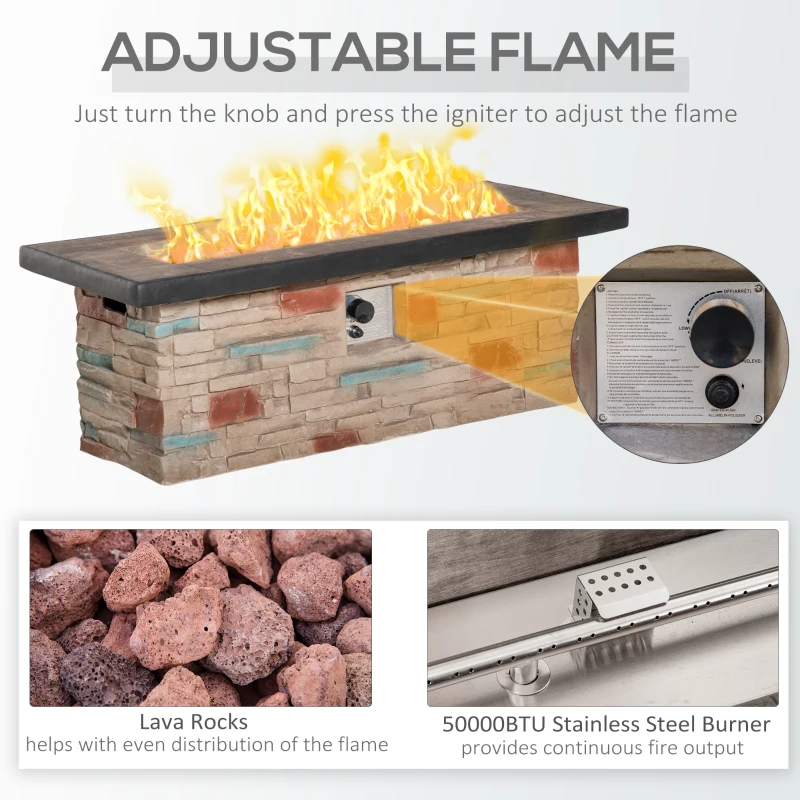 Outsunny 48 Inch Outdoor Propane Gas Fire Pit Table, 50,000 BTU Auto-Ignition Rectangular Faux Ledge Stone Gas Firepit with Lava Rocks and Rain Cover, CSA Certification, Brown