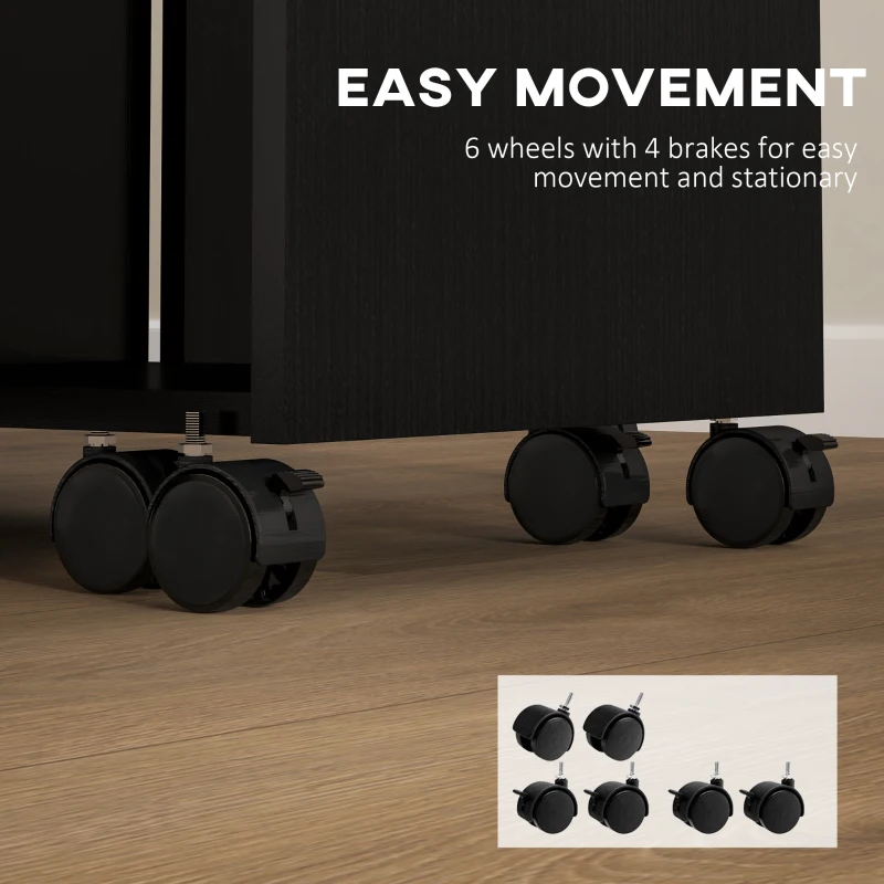 HOMCOM Extendable Dining Table, Drop Leaf Table with 2 Drawers, Cabinet and 6 Wheels for Small Spaces, Kitchen, Black Wood Grain