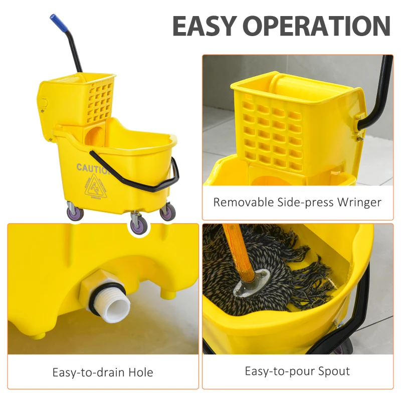 HOMCOM Mop Bucket Cart with Side Press Wringer, Metal Handle and 34 Quart Capacity, Yellow