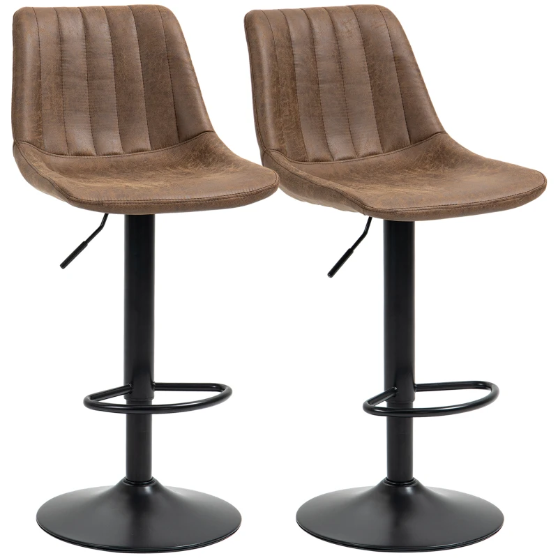 HOMCOM Adjustable Bar Stools Set of 2, Leathaire Swivel Barstools with Back and Footrest, Upholstered Bar Chairs for Kitchen, Dining Room, Home Pub, Brown