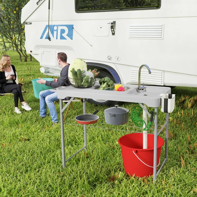 Outsunny Folding Fish Cleaning Table with Sinks, Portable Camping Sink Table with Faucet, Drainage Hose, Sprayer, Shelf, Drawer and Storage Basket, Outdoor Fillet Table for Picnic Beach Patio, Gray