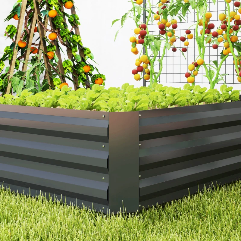 Outsunny Galvanized Raised Garden Bed with Trellis for Climbing Plants, Outdoor Planter Box with Open Bottom, Dark Grey