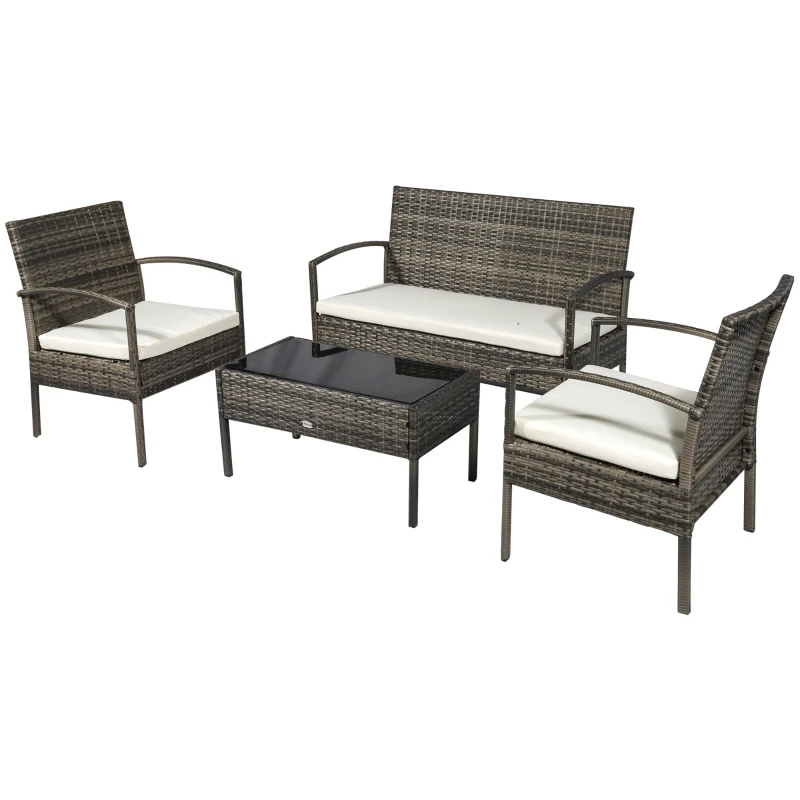 Outsunny Patio Furniture Set, 4 Piece Indoor Outdoor PE Wicker Conversation Set with Chairs, Loveseat Sofa, Cushions, Glass Table for Backyard, Sunroom, Pool, Garden, Light Gray