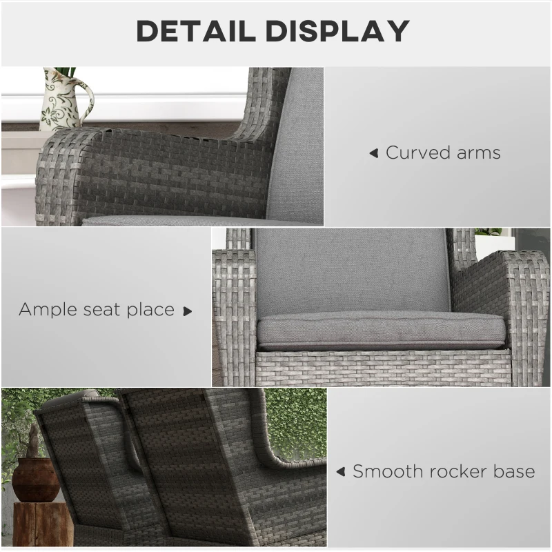 Outsunny 2 Piece Outdoor Wicker Rocking Chairs, Rattan Rockers with Cushions, Steel Frame for Patio, Garden, Backyard, Gray