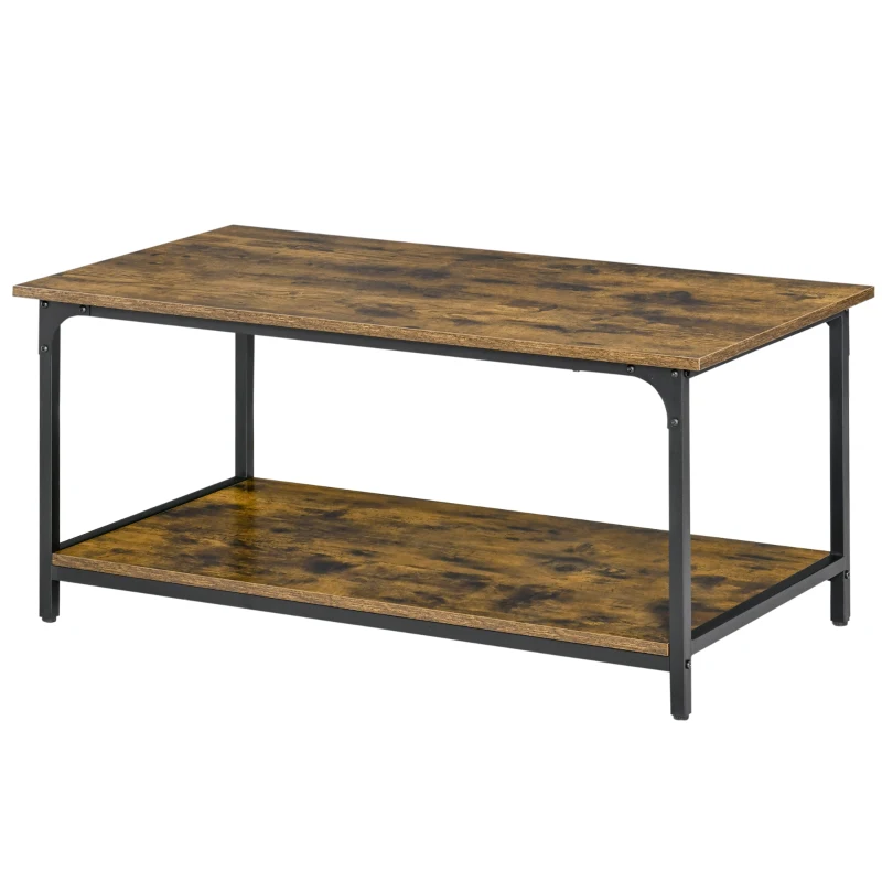 HOMCOM Industrial Coffee Table with Storage Shelf, 2-tier Center Table for Living Room, Rustic Brown