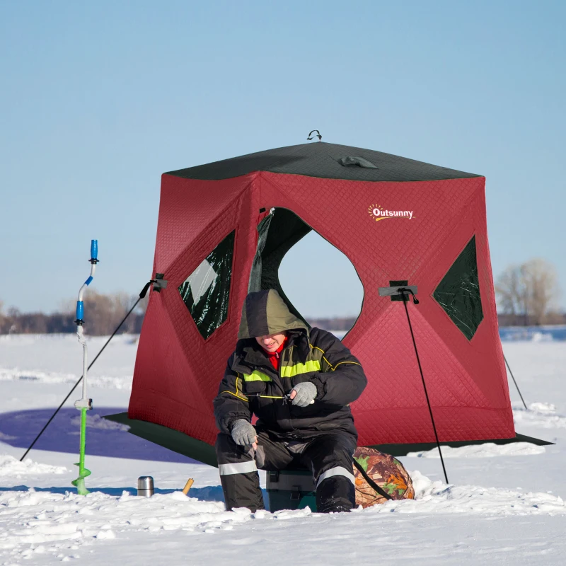 Outsunny 2 Person Insulated Ice Fishing Shelter Pop-Up Portable Ice Fishing Tent with Carry Bag and Anchors for Lowest Temps -22℉, Red