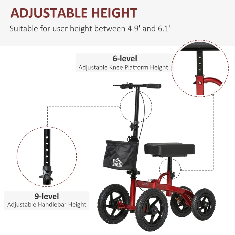 HOMCOM Foldable Medical Knee Walker Scooter for Injured Leg Red