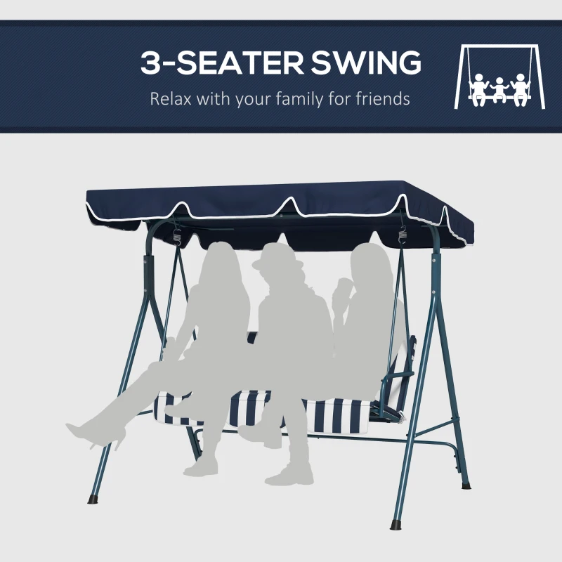 Outsunny 3-Seater Outdoor Porch Swing with Adjustable Canopy, Patio Swing Chair for Garden, Poolside, Backyard, Blue and White