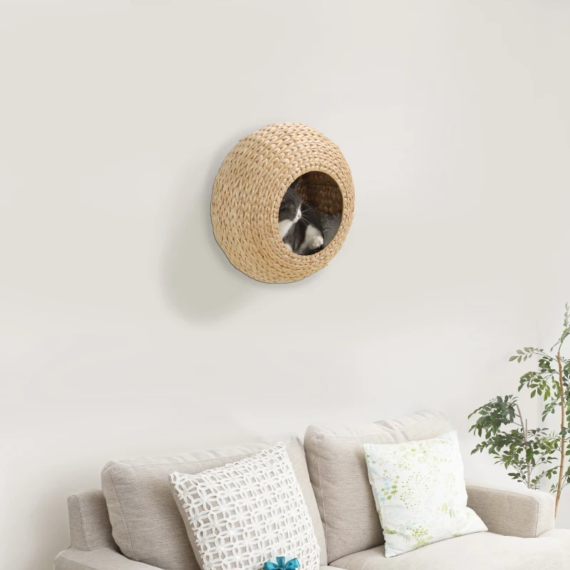 PawHut Wall Mounted Cat Condo with Washable Cushion, Natural Wood