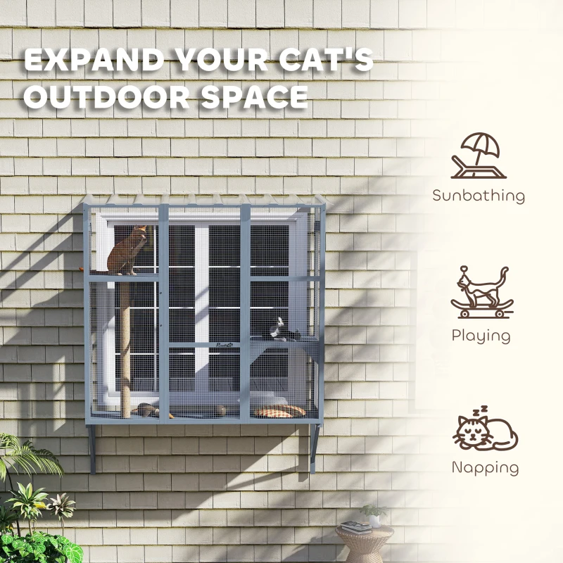 PawHut Catio Outdoor, Window Catio for 2-3 Large Indoor Cats w/ 2 Jumping Platforms, Scratching Post, for Playing, Napping