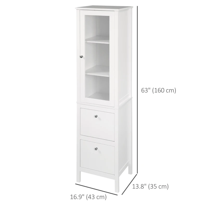 kleankin Tall Bathroom Cabinet with Tempered Glass Door, Storage Organizer, Freestanding Linen Tower with 2 Adjustable Shelves and 2 Drawers, White