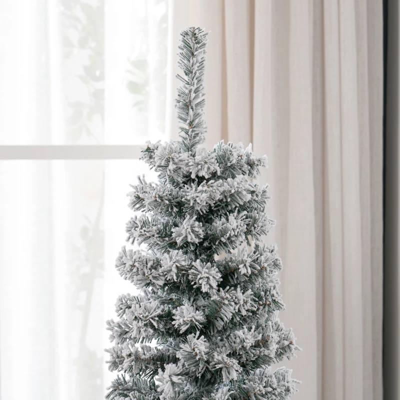 HOMCOM 5ft Flocked Christmas Tree, Pencil Christmas Tree with Realistic Branch Tips, Folding Metal Stand, Green