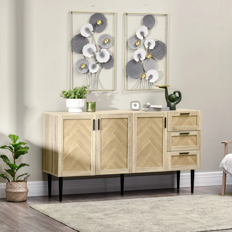 HOMCOM 61.5"L Sideboard Buffet Cabinet, Coffee Bar Cabinet Kitchen Cabinet with Drawers and Adjustable Shelves for Living Room, Dining Room, Kitchen, Oak