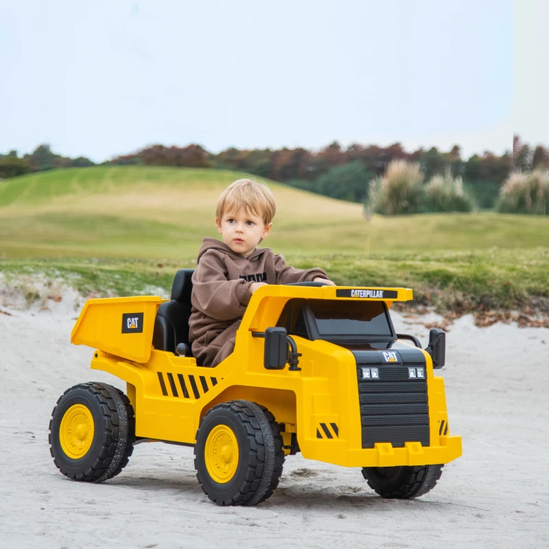 Qaba Caterpillar Licensed 12V Electric Ride on Excavator w/ Remote, Bucket, Shovel, Music, Loudspeaker for Ages 3-6, Yellow