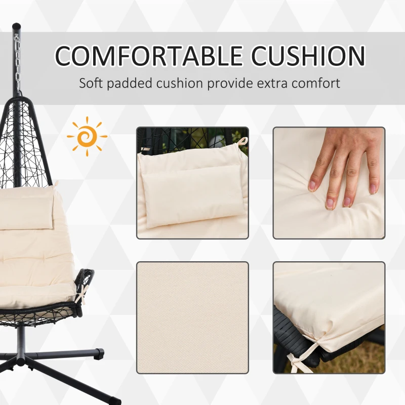 Outdoor Patio Wicker Hanging Egg Chair with Stand, Hammock Swing Chair with Cushion and Pillow, swing Chair with Stand, Cup Holder for Backyard, Garden, Porch, Beige