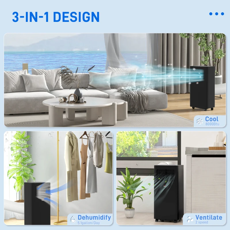 HOMCOM 8000 BTU Mobile Air Conditioner, 345 Sq. Ft., AC Unit with Dehumidifier, Sleep, 24H Timer On/Off, Window Kit, Black