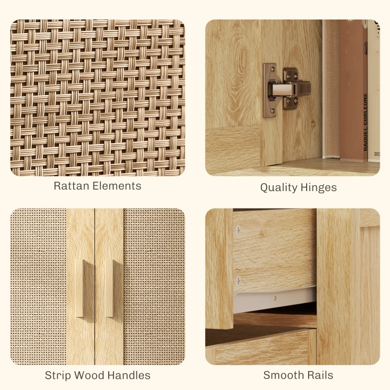 HOMCOM Kitchen Sideboard Cabinet, Boho Entryway Cabinet with Decorative Rattan Doors and Drawers for Dining Room, Oak