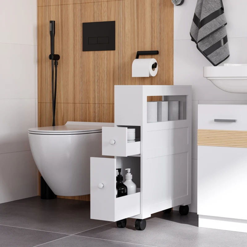 HOMCOM 6.25" x 20.5" x 28.25" Wood Rolling Narrow Bathroom Side Storage Cabinet - White