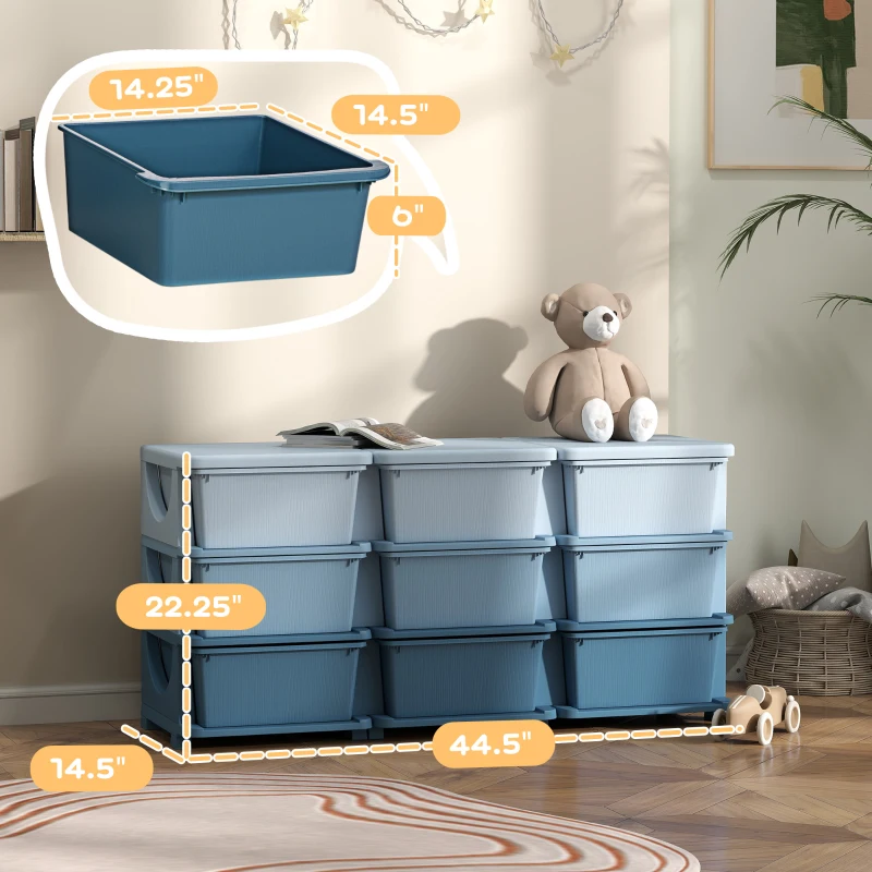 Qaba 29.5" 3 Tier Kids Storage Unit Dresser Tower w/ 9 Drawers, Blue