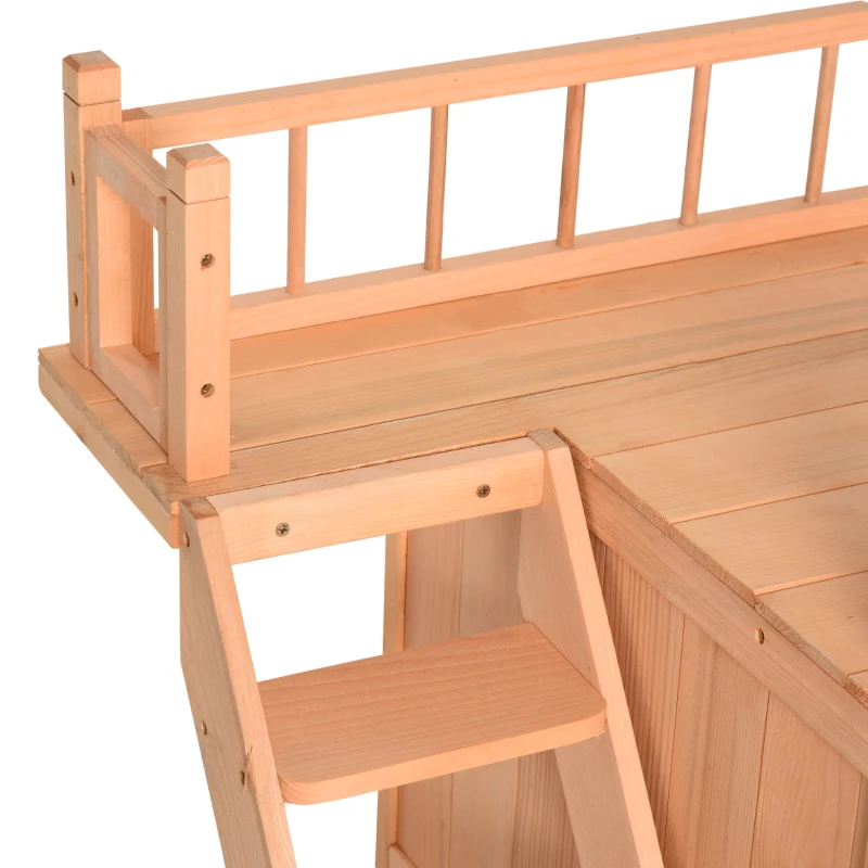 PawHut 2-Story Pet House for Cats Miniature Sized Dogs, Wooden Kitten Shelter with Enclosure, Balcony, Lockable Gate, Stairs, Natural