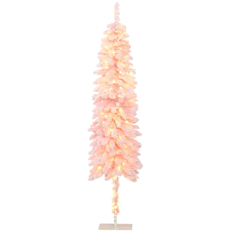 HOMCOM 6' Flocked Christmas Trees, Pencil Prelit Artificial Christmas Tree with Snow Downswept Branches, Pink