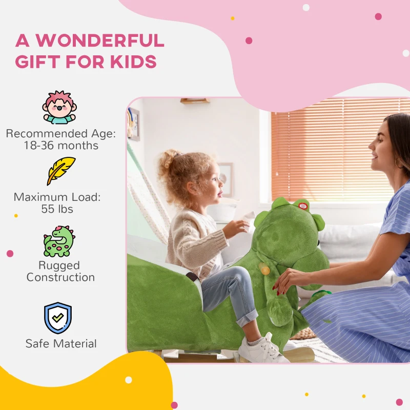Qaba Rocking Horse, Ride on Dinosaur w/ Seat Belt, 32 Songs & Hand Puppet for 18-36 Months, Green