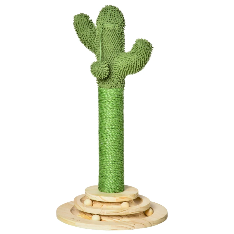 PawHut Cat Scratching Post, Cute Cactus Scratching Post, Nature Sisal Cat Scratcher with Ball Toys for Indoor Cats