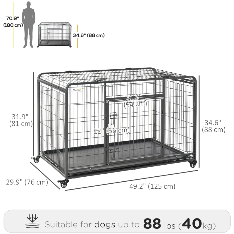 PawHut Folding Dog Crate Heavy Duty Cage for Extra Large Sized Dogs with Double Doors, Lockable Wheels Tray, 49" x 30" x 32"