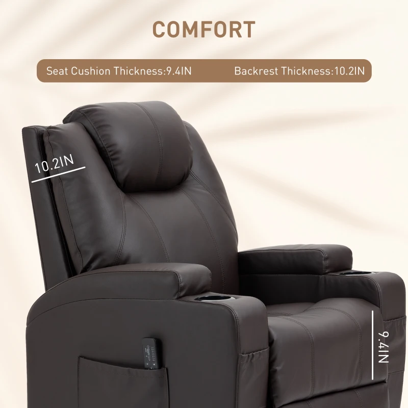 HOMCOM Massage Recliner Chair, Swivel Nursery Rocker Chair, Manual Reclining Sofa with 8 Vibration Points, PU Leather, Cup Holders, Side Pockets, for Living Room, Brown
