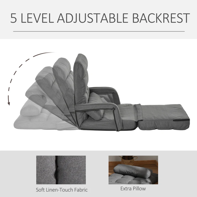 HOMCOM Convertible Floor Sofa Bed, Recliner Armchair Upholstered Sleeper Chair with Pillow for Living Room Bedroom Lounge, Gray